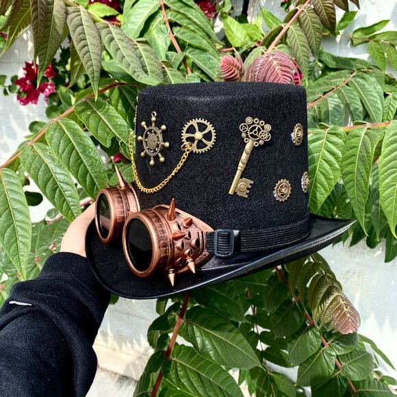 Steampunk Top Hat Metallic Scientist Time Traveler Halloween Costume Cosplay Hat - Picture 3 of 5